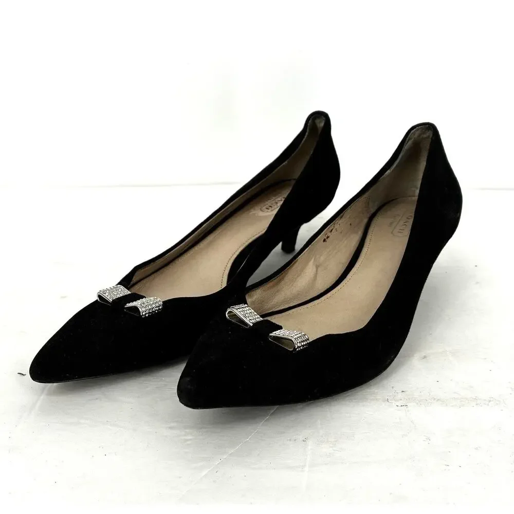Coach Monroe Black Suede Kitten Heels Crystal Bow Pumps Women's Size 9